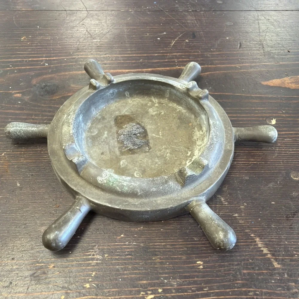 Solid Brass Ships Wheel Ashtray Tarnished